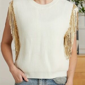 Women's Fringe Top Elegant Off-white and Gold New Streetwear Spring